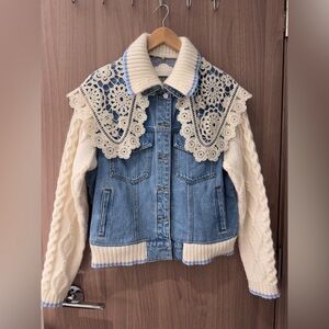 Women's Blue and Cream Jean Jacket with Crochet Detail